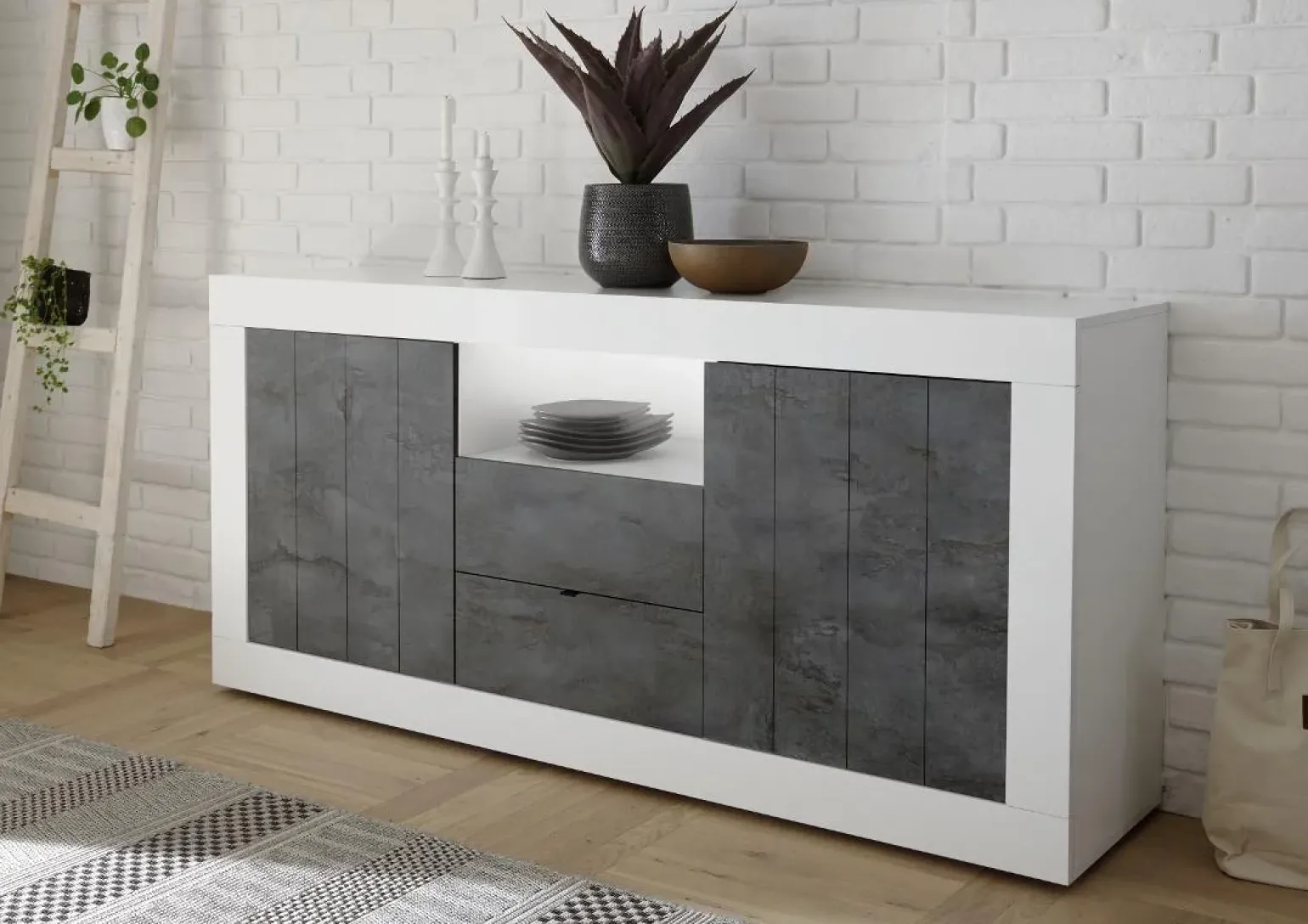 Madia 184x86h cm 2 ante 2 cassetti bianco lucido ossido Florena