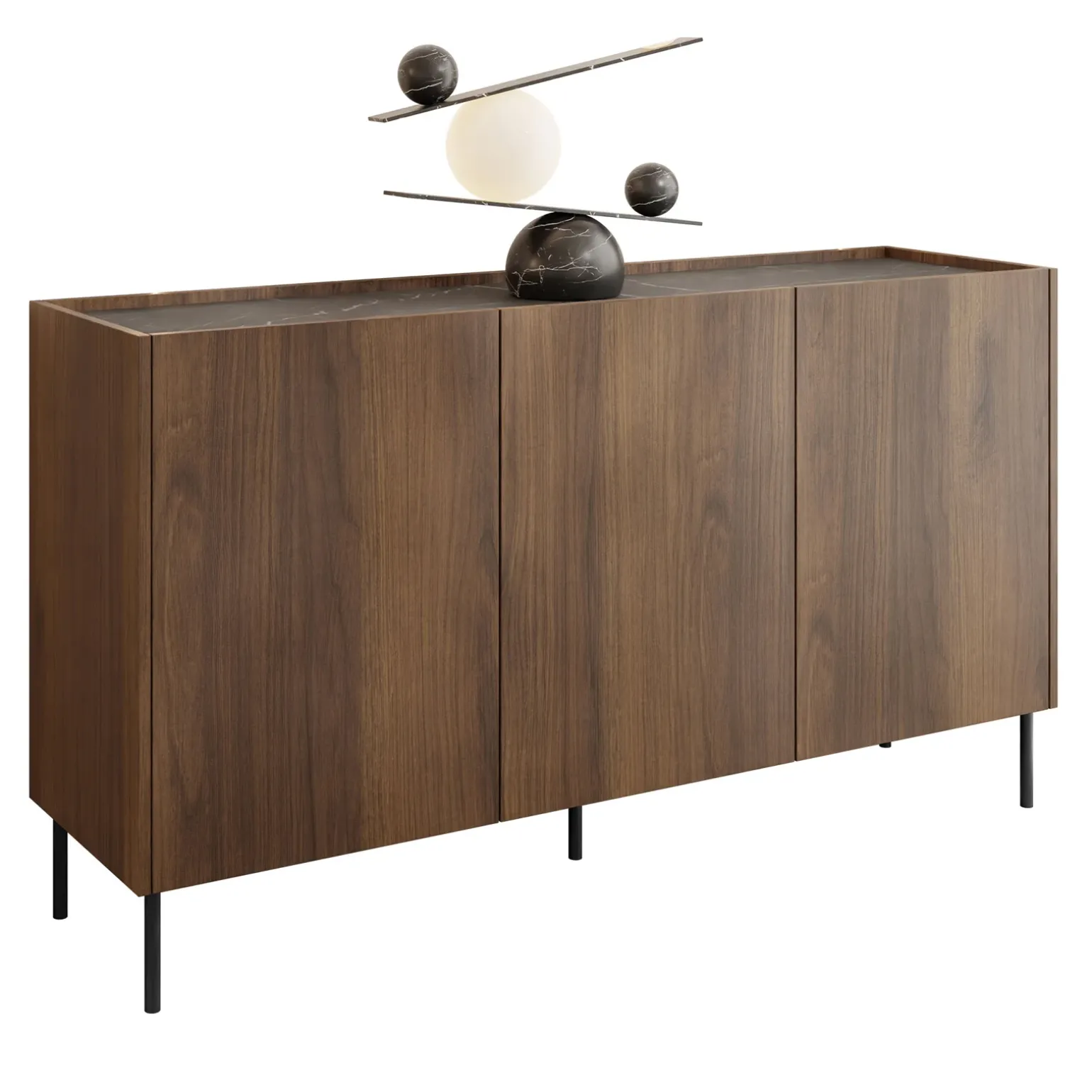 Madia 144x78h cm 3 ante 3 ripiani piano effetto marmo nero noce Caliva