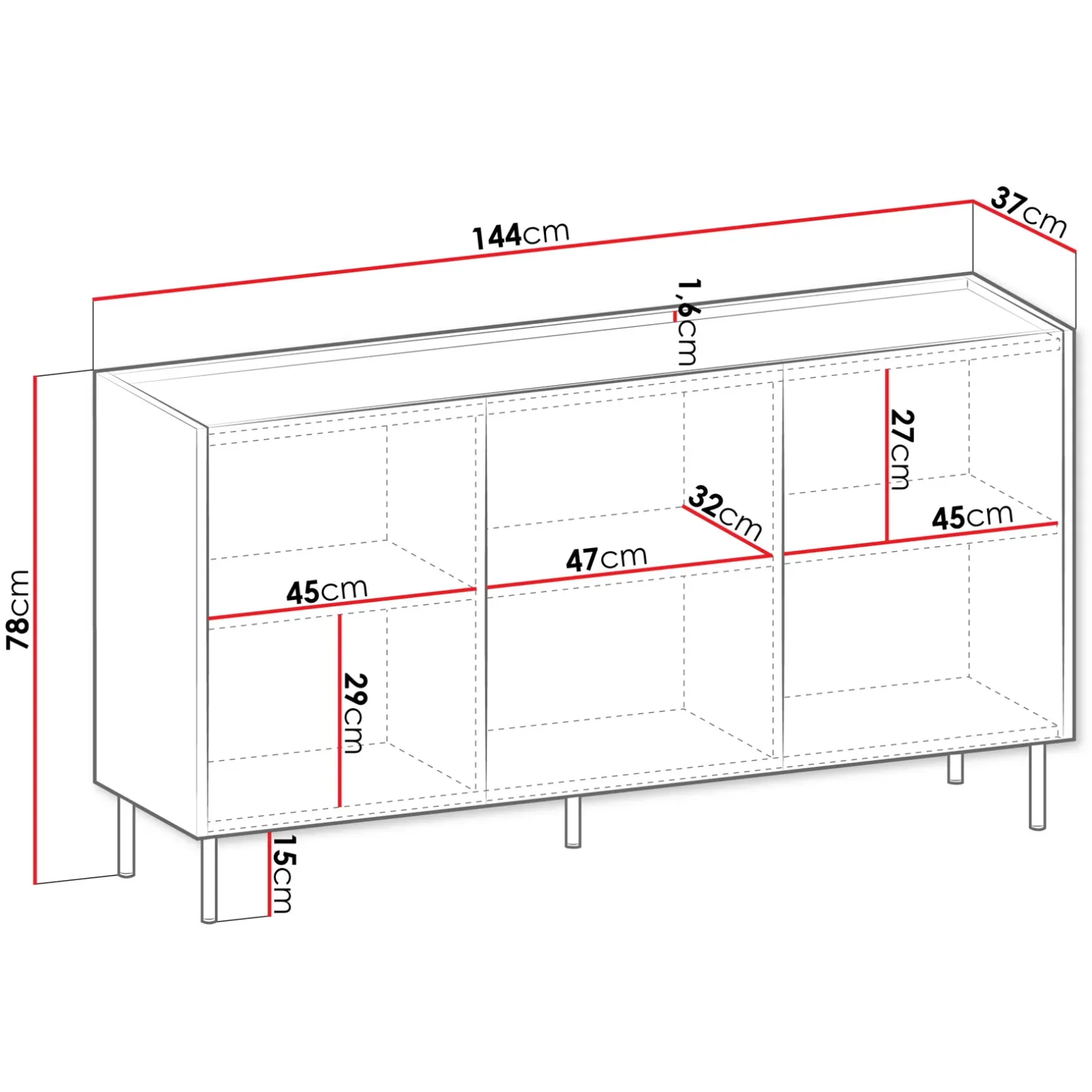 Madia 144x78h cm 3 ante 3 ripiani piano effetto marmo nero noce Caliva