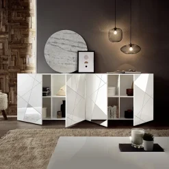 Madia 241x84h cm 4 ante bianco lucido con specchio e serigrafia Olimpo