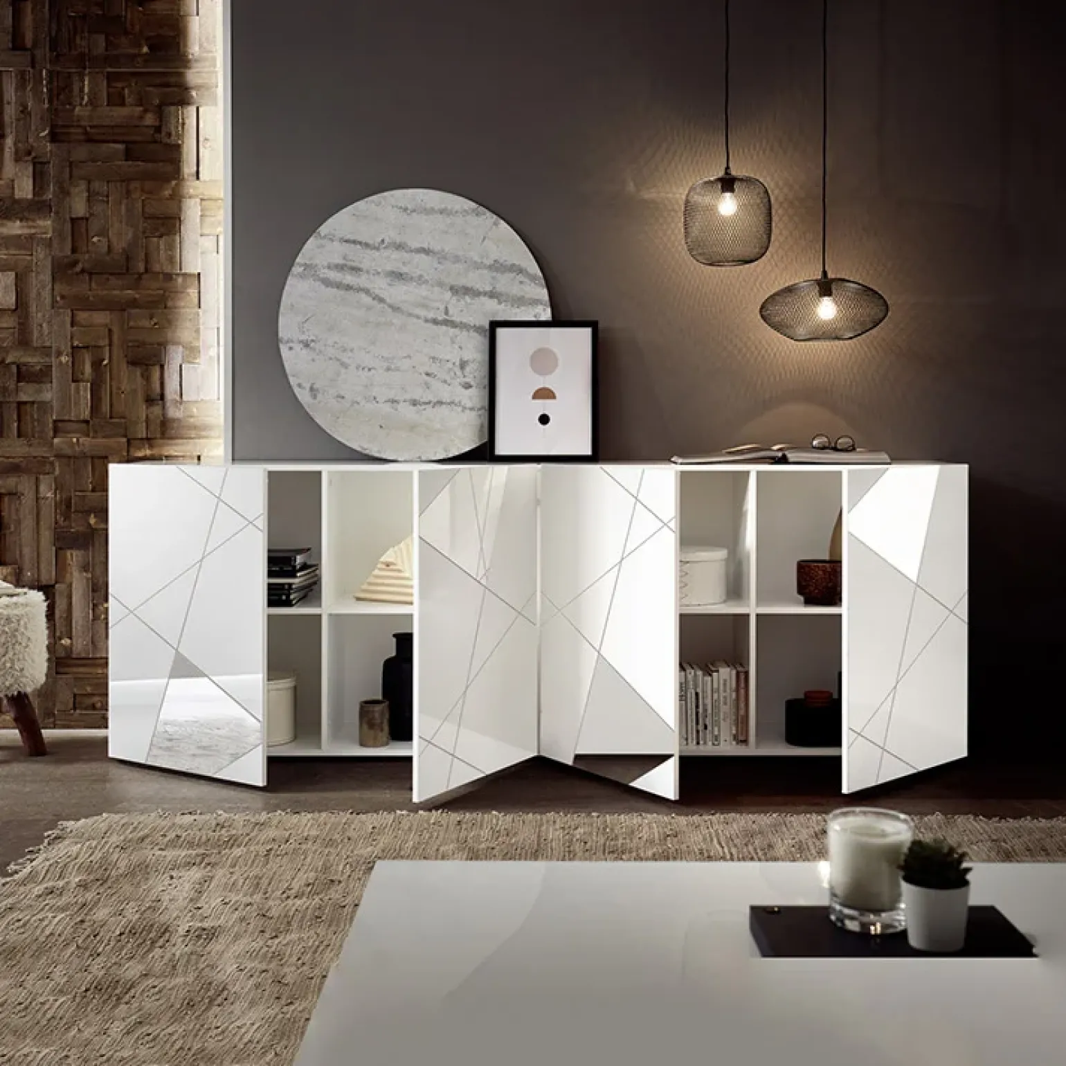 Madia 241x84h cm 4 ante bianco lucido con specchio e serigrafia Olimpo