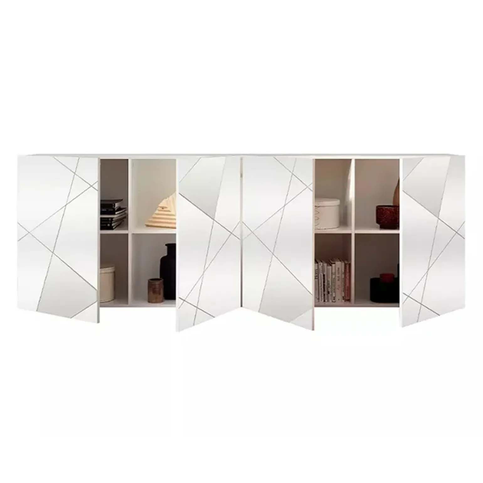Madia 241x84h cm 4 ante bianco lucido con specchio e serigrafia Olimpo