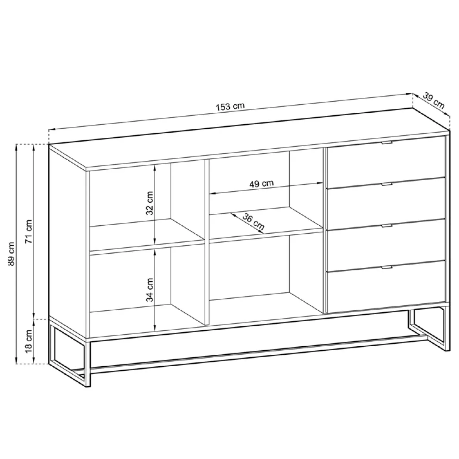 Madia 153x89h cm 2 ante con cassetti moderna soggiorno noce Erin