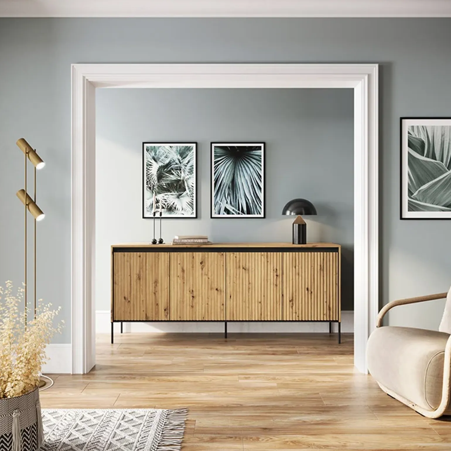 Madia 193x83h cm 4 ante con led cannettato rovere rustico nero Camelia