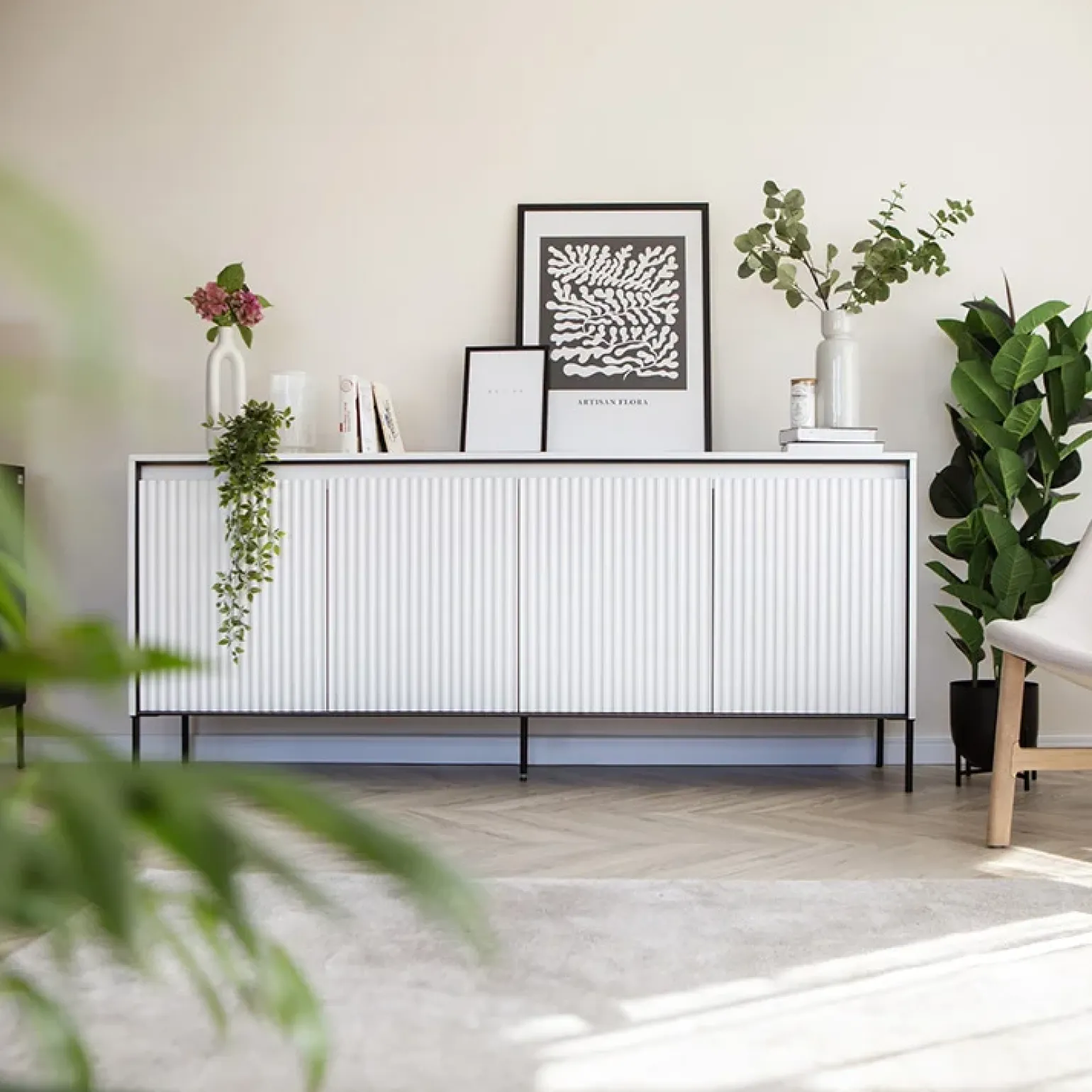 Madia 193x83h cm 4 ante con led cannettato bianco opaco nero Camelia