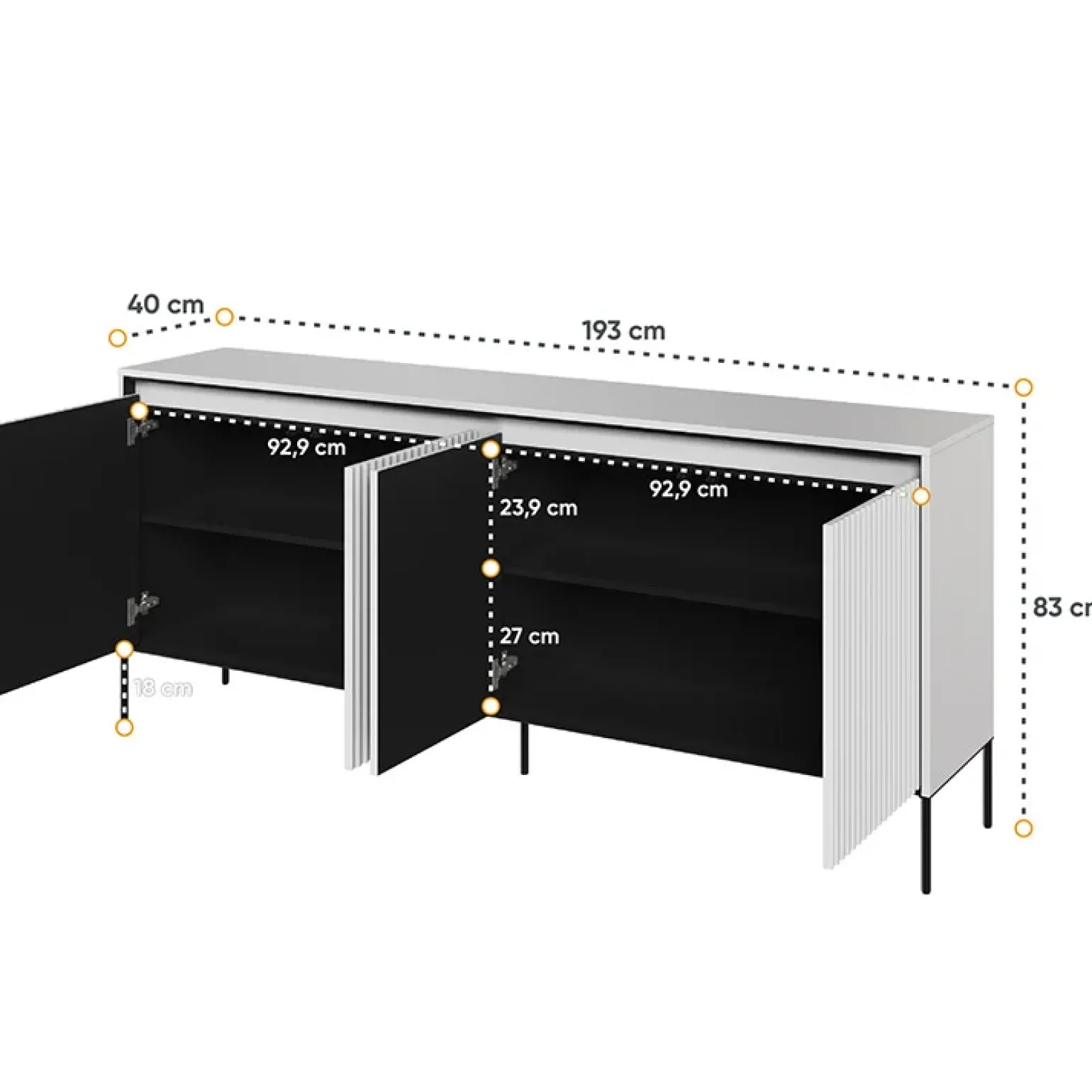 Madia 193x83h cm 4 ante con led cannettato bianco opaco nero Camelia