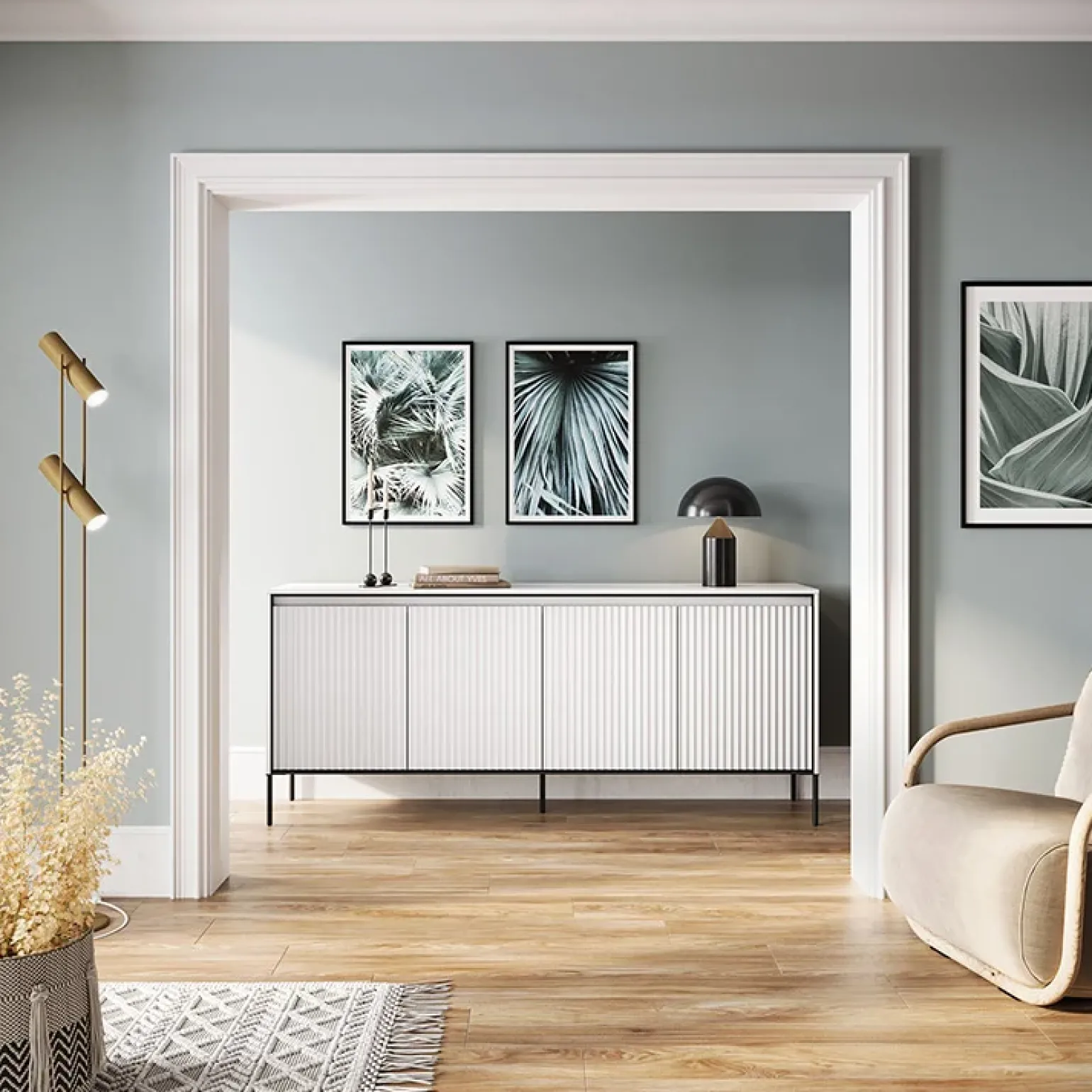 Madia 193x83h cm 4 ante con led cannettato bianco opaco nero Camelia