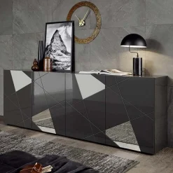 Madia 241x84h cm 4 ante grigio lucido specchio con serigrafia Olimpo