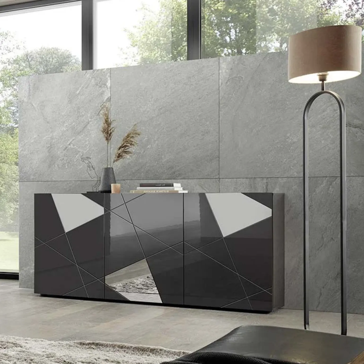 Madia 181x84h cm 3 ante grigio lucido specchio con serigrafia Olimpo