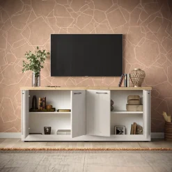 Madia 211x88h cm 4 ante moderna soggiorno rovere bianco frassinato Doria