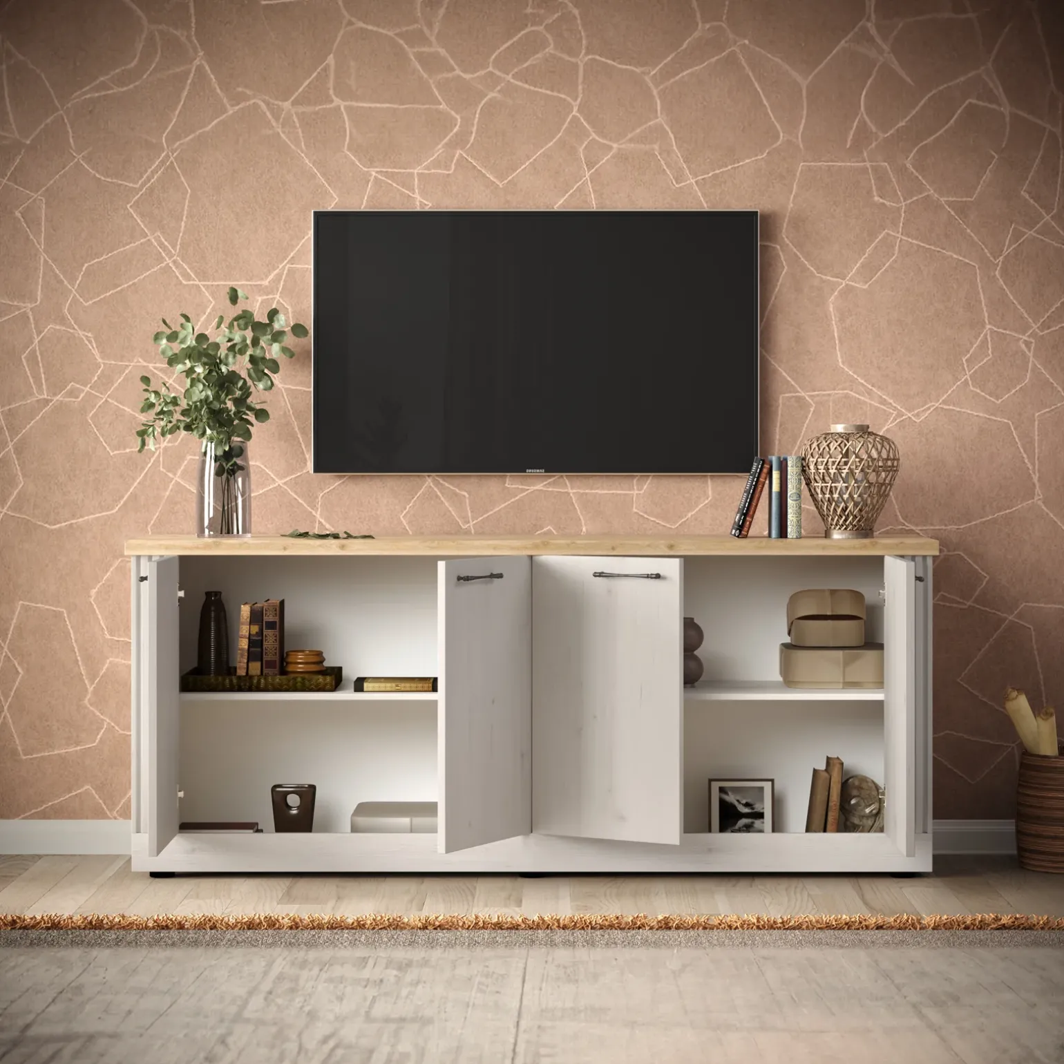 Madia 211x88h cm 4 ante moderna soggiorno rovere bianco frassinato Doria