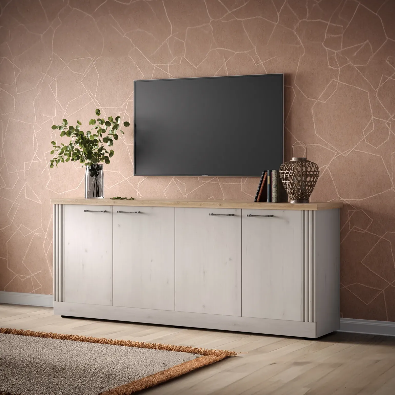 Madia 211x88h cm 4 ante moderna soggiorno rovere bianco frassinato Doria