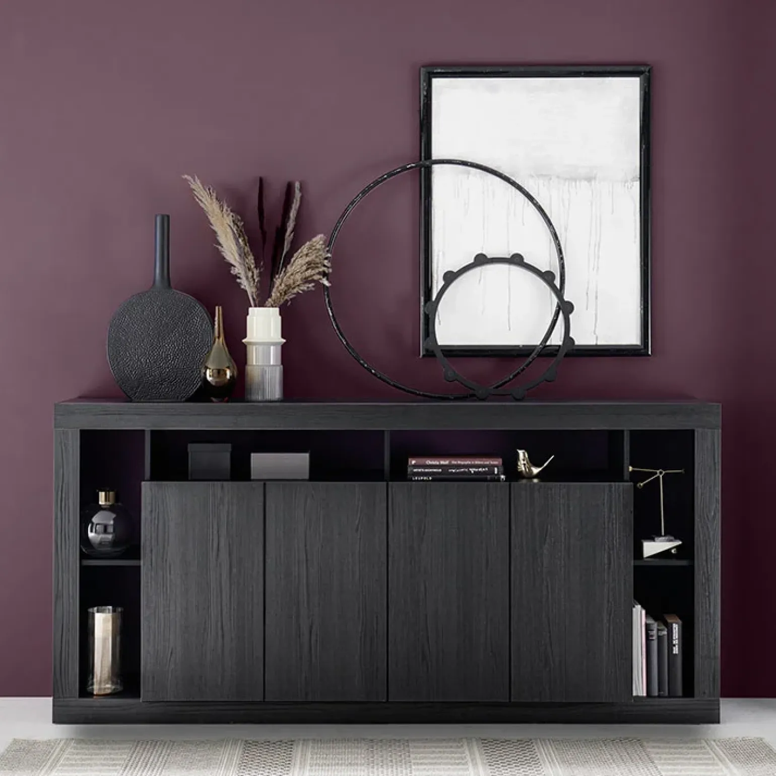 Madia 210x102h cm 4 ante moderna soggiorno nero frassinato Trilogy