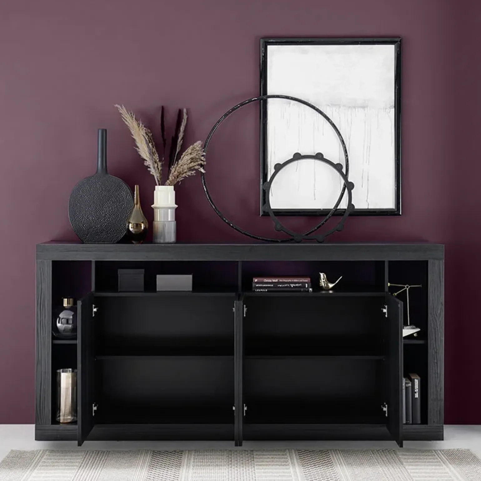 Madia 210x102h cm 4 ante moderna soggiorno nero frassinato Trilogy