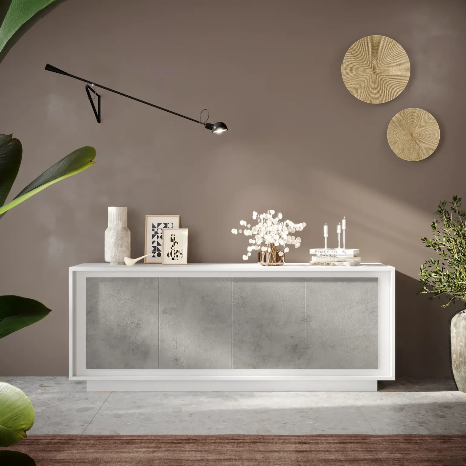 Madia 207x80h cm 4 ante moderna cemento bianco opaco Deluxe