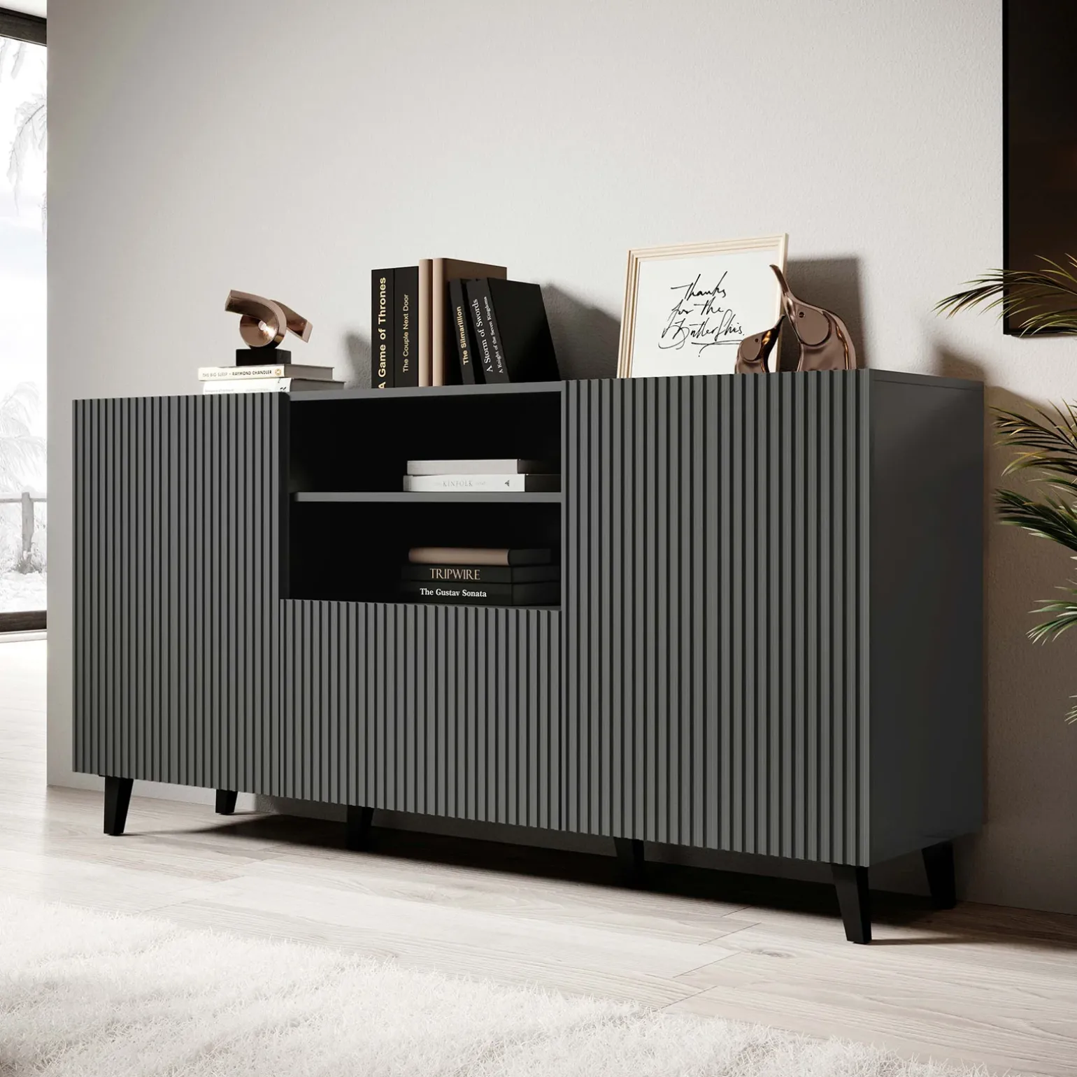 Madia 151x83h cm 3 ante moderna industrial cannettato antracite Essence