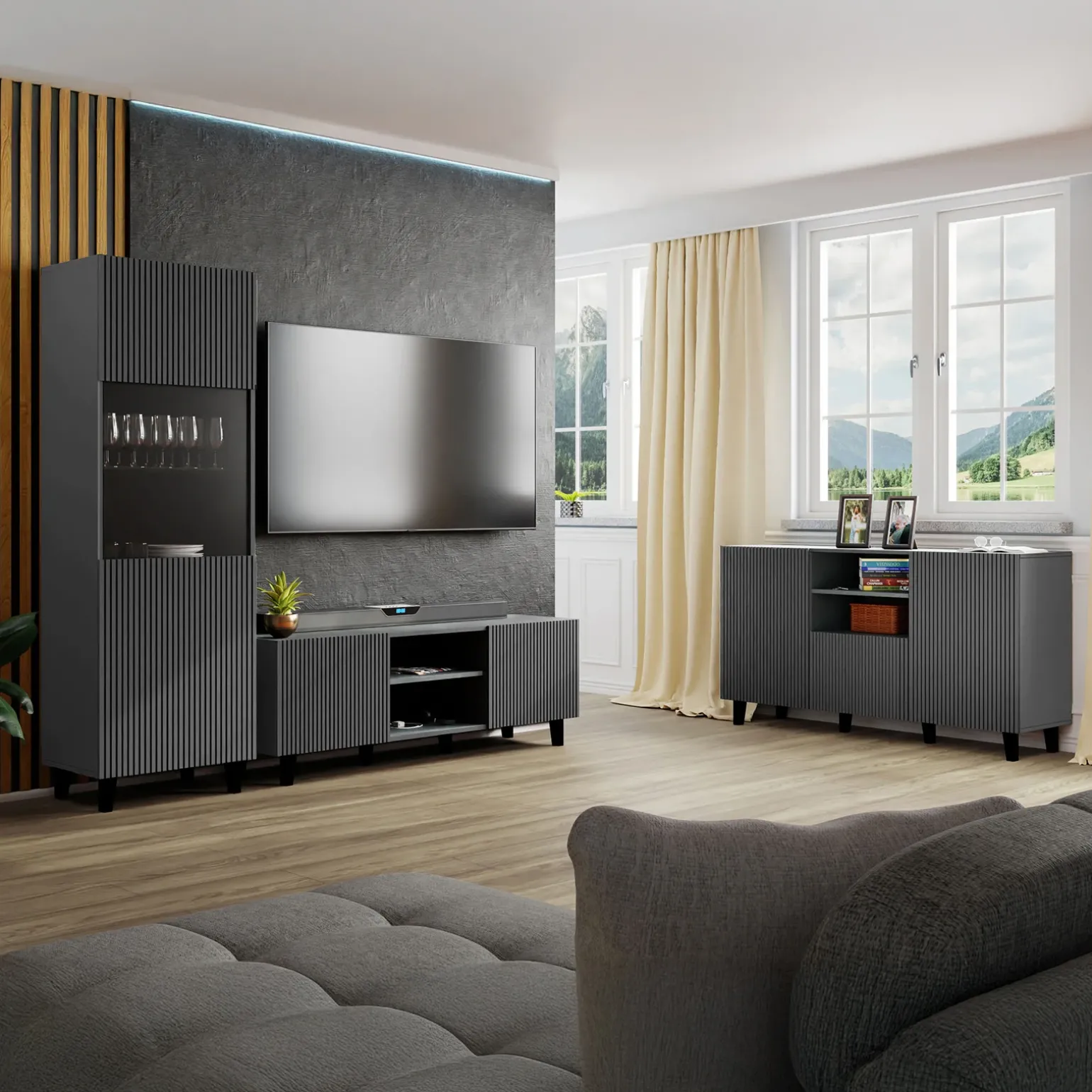 Madia 151x83h cm 3 ante moderna industrial cannettato antracite Essence
