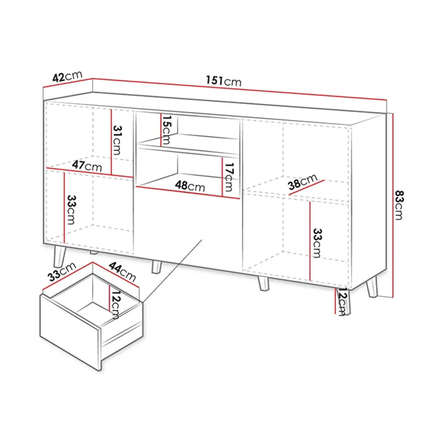 Madia 151x83h cm 3 ante moderna industrial cannettato bianco Essence