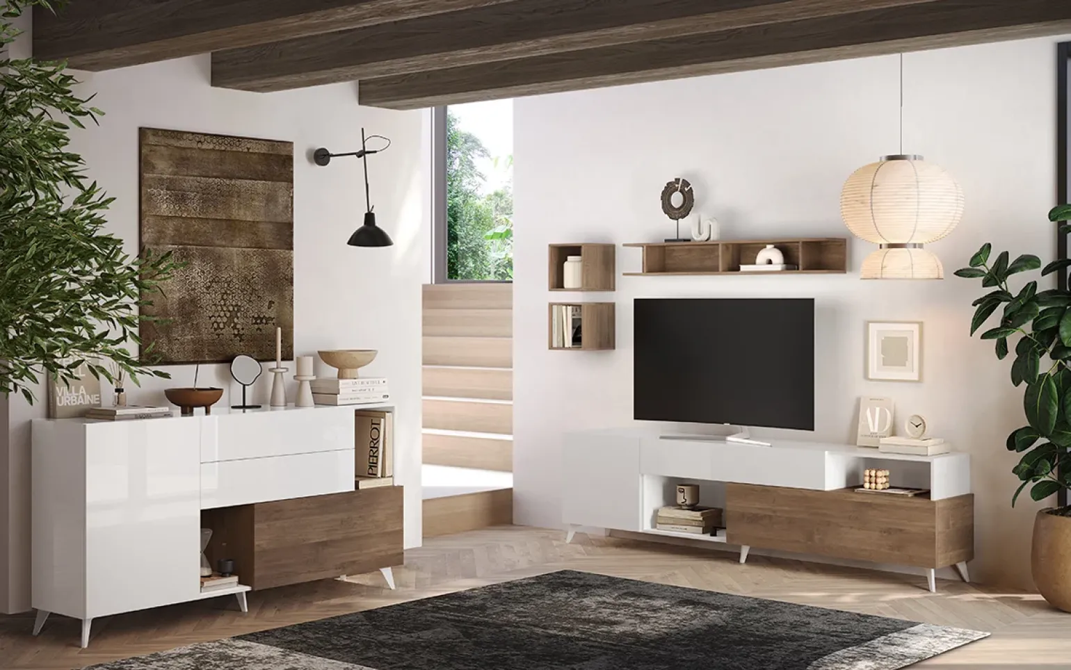 Madia 181x94h cm 2 ante moderna bianco lucido rovere scuro Witty