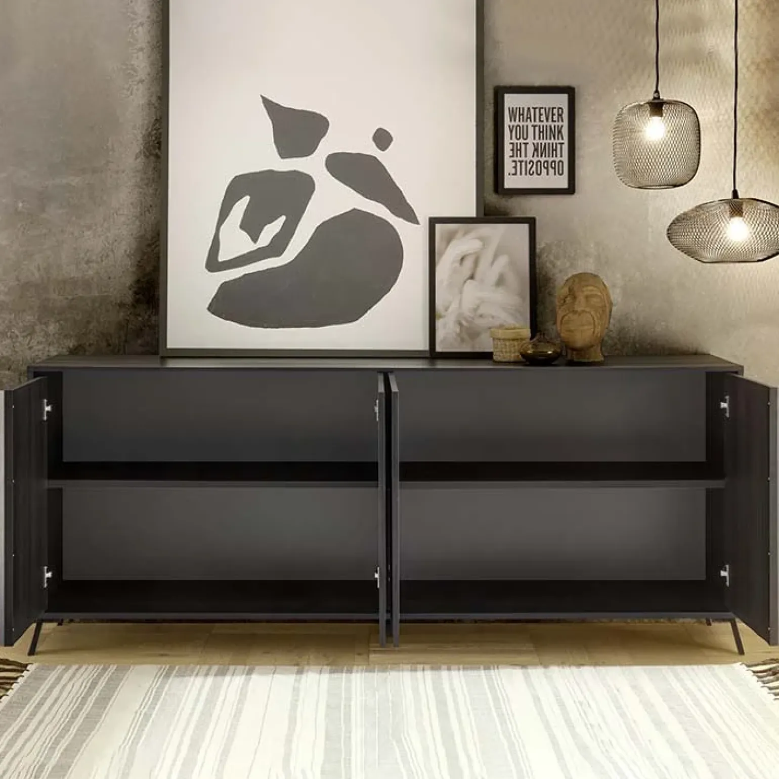 Madia 205x84h cm 4 ante moderna soggiorno nero frassinato Tosca