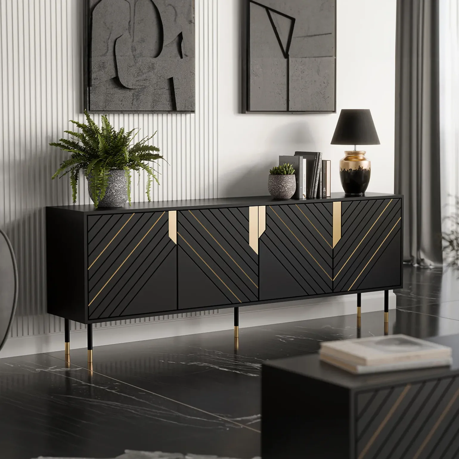 Madia 204x72h cm 4 ante moderna design nero oro Golden