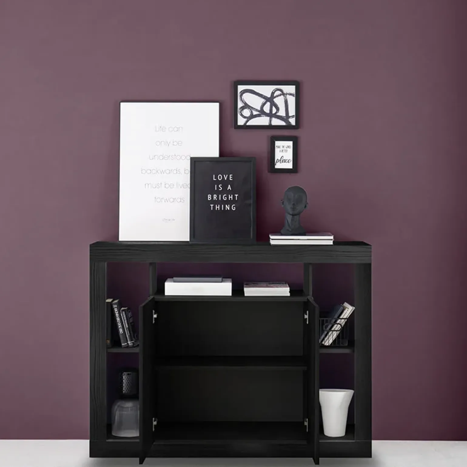 Madia 134x102h cm 2 ante moderna nero frassinato Trilogy