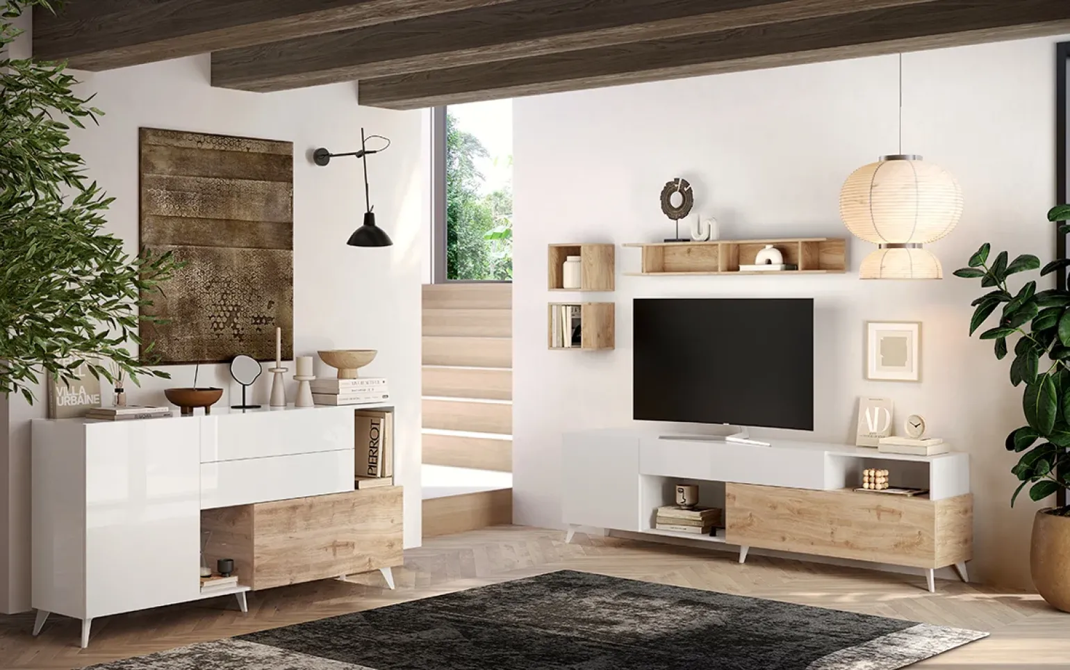 Madia 181x94h cm 2 ante moderna bianco lucido rovere chiaro Witty