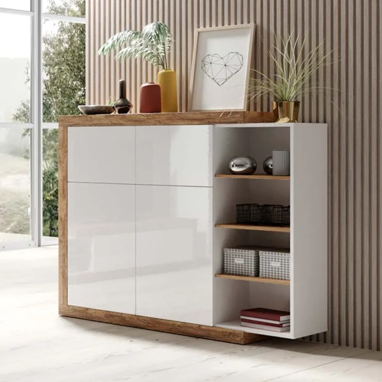 Madia 151x128h cm 4 ante moderna bianco lucido rovere Aria
