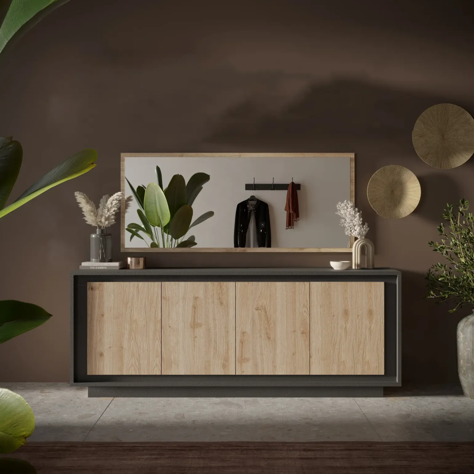 Madia 207x80h cm 4 ante moderna antracite rovere chiaro Deluxe
