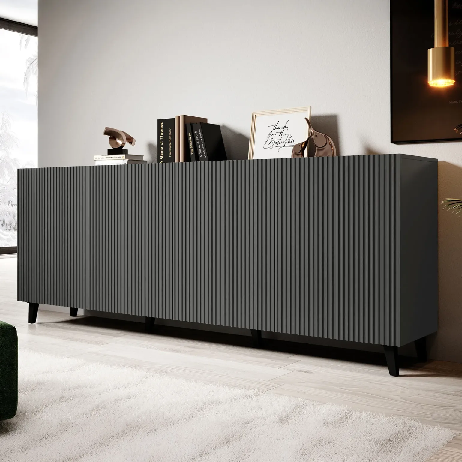 Madia 201x83h cm 4 ante moderna cannettato antracite Essence