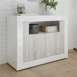 Madia 110x86h cm 2 ante moderna soggiorno bianco lucido bianco frassinato Florena