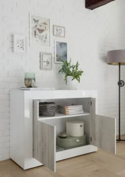 Madia 110x86h cm 2 ante moderna soggiorno bianco lucido bianco frassinato Florena