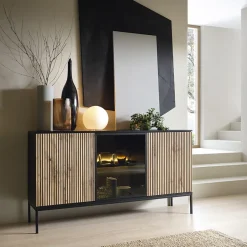 Madia 153x83h cm 3 ante moderna nero rovere antico cannettato Bali
