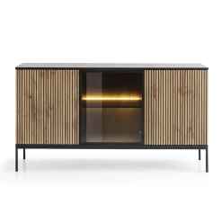 Madia 153x83h cm 3 ante moderna nero rovere antico cannettato Bali