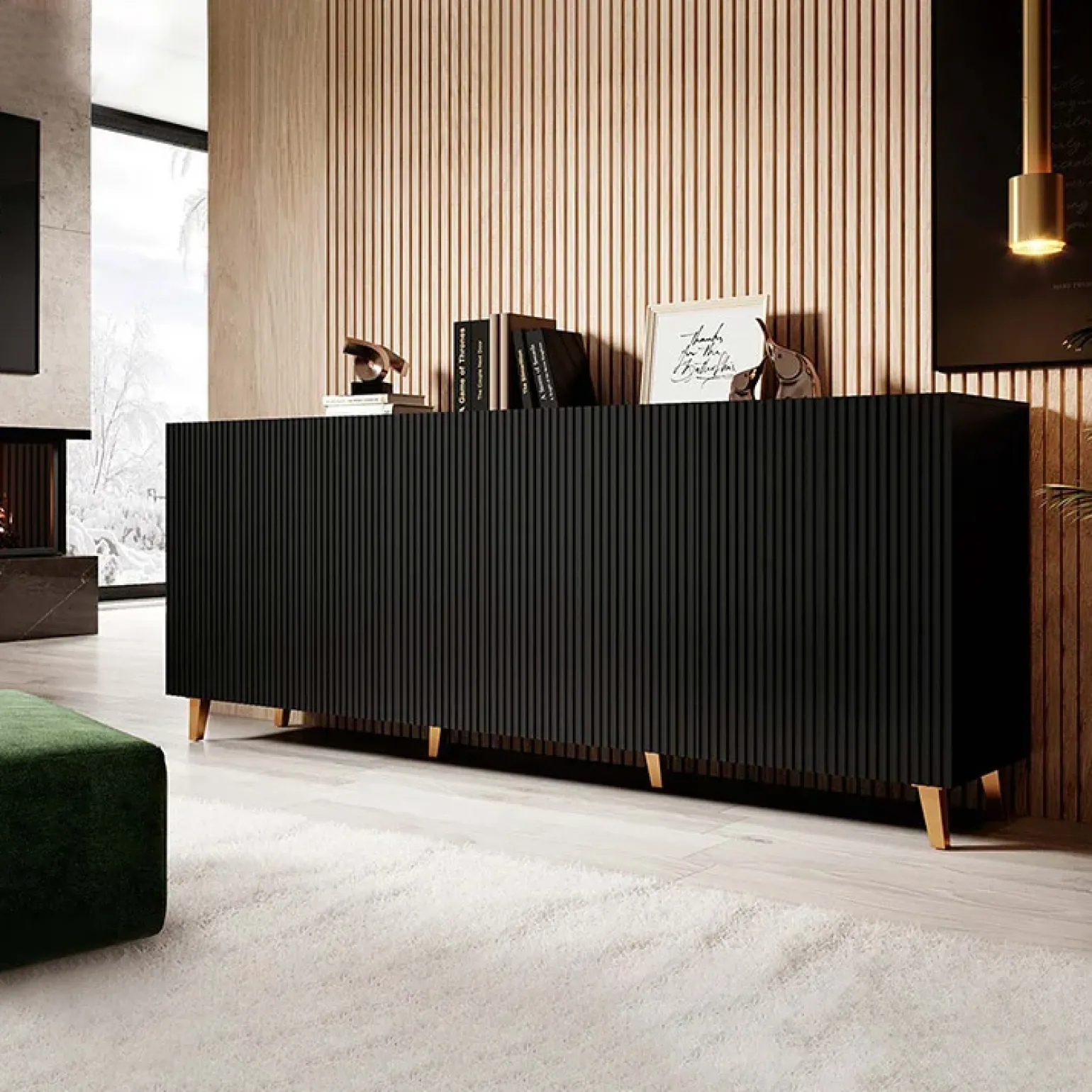 Madia 201x83h cm 4 ante moderna cannettato nero Essence