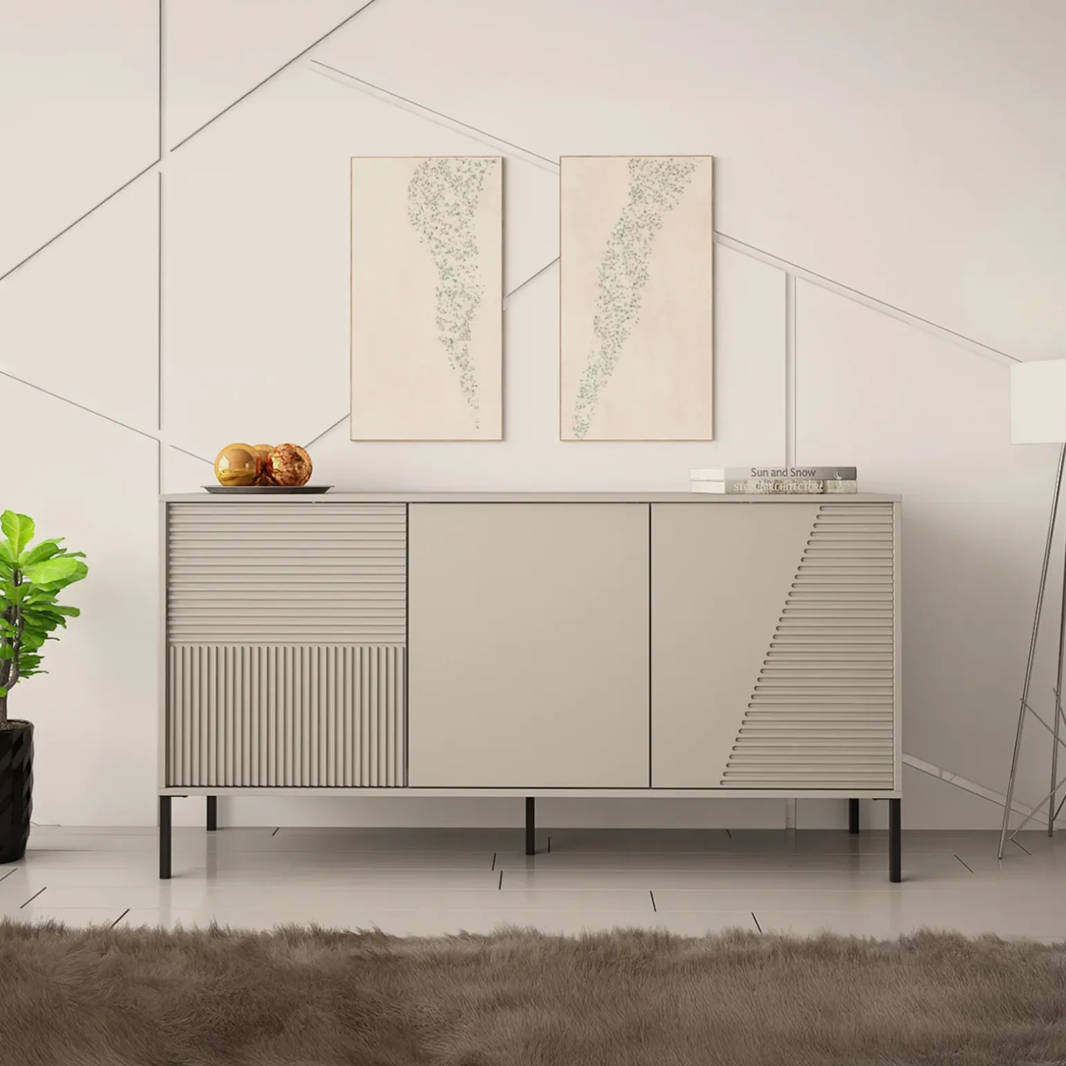 Madia 160x83h cm 3 ante moderna cannettato beige Diana