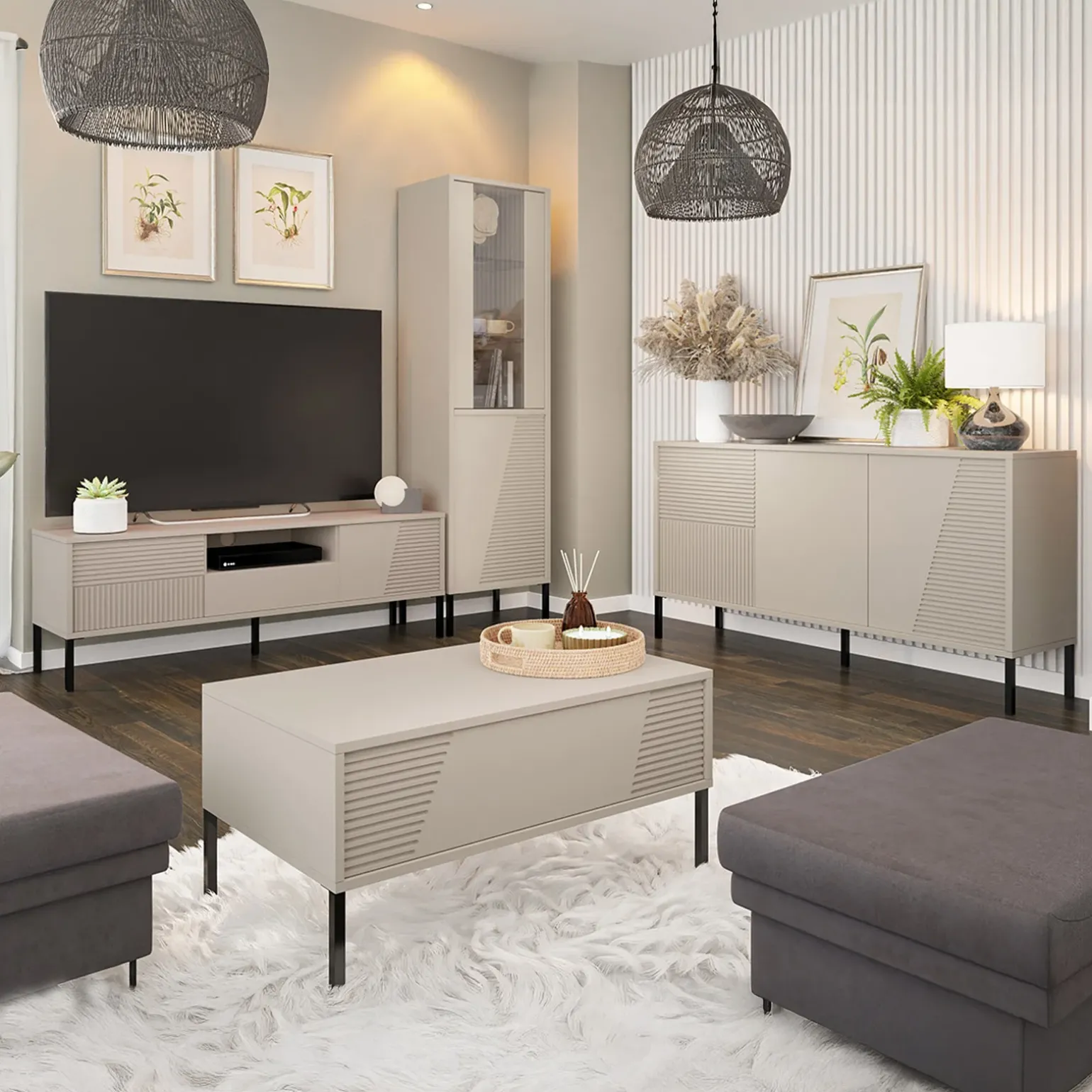 Madia 160x83h cm 3 ante moderna cannettato beige Diana