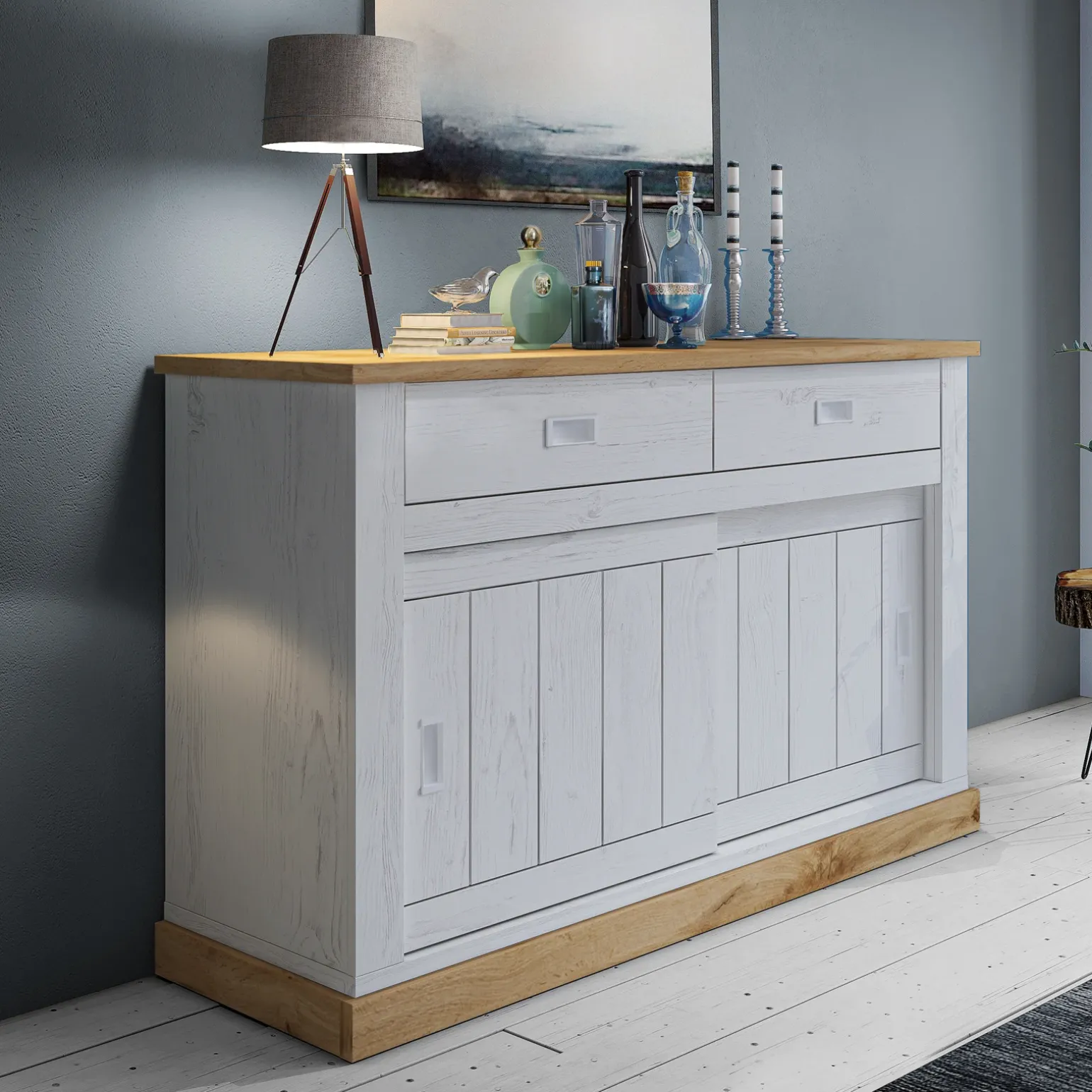 Madia 150x100h cm 2 ante scorrevoli 2 cassetti soggiorno bianco frassinato rovere Islen