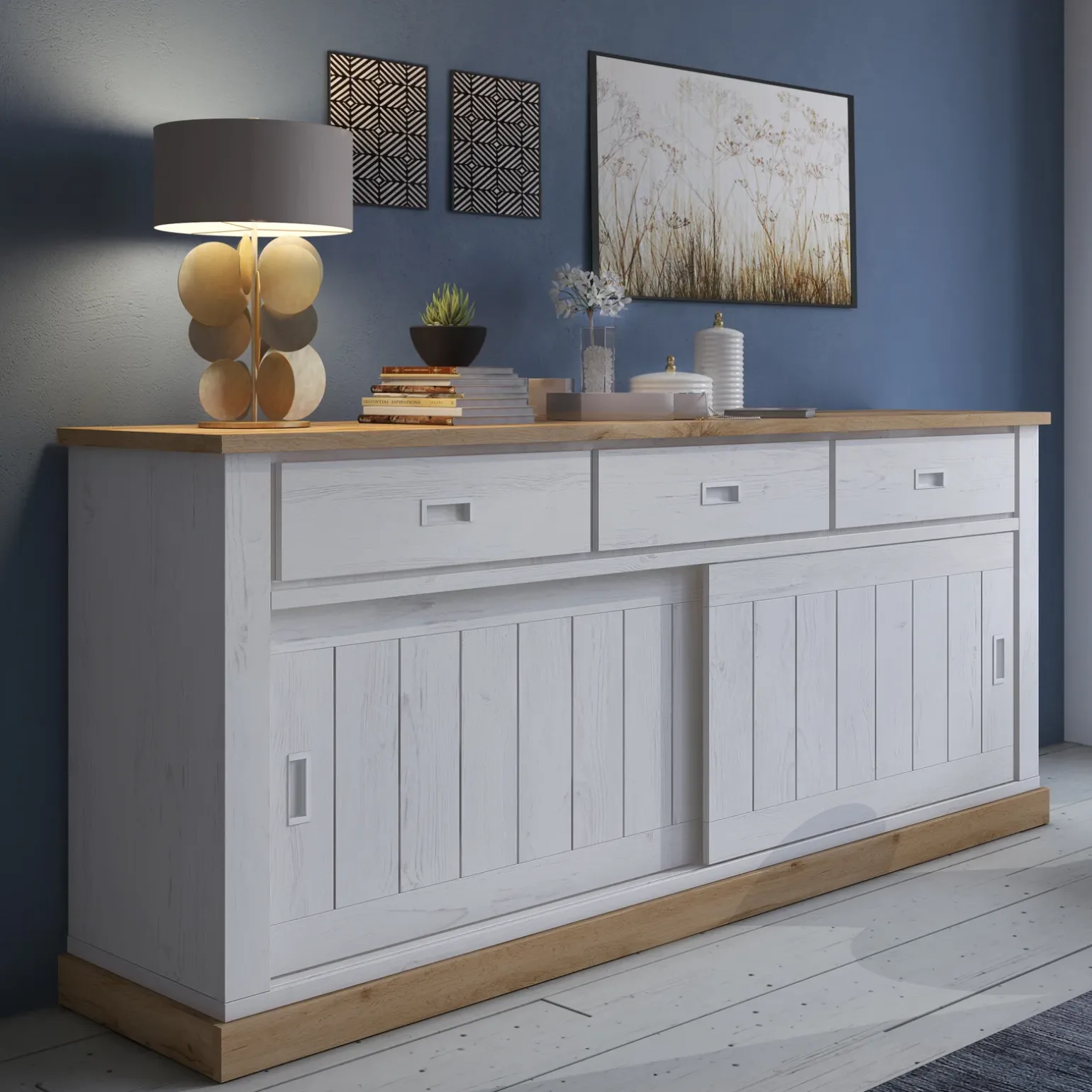 Madia 215x96h cm 2 ante scorrevoli 3 cassetti soggiorno bianco frassinato rovere Islen