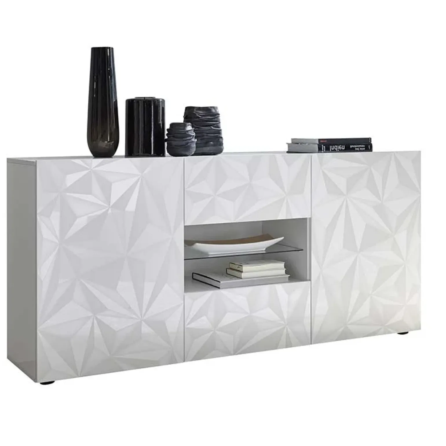 Madia 181x84h cm 2 ante soggiorno bianco laccato lucido con serigrafia Marvis
