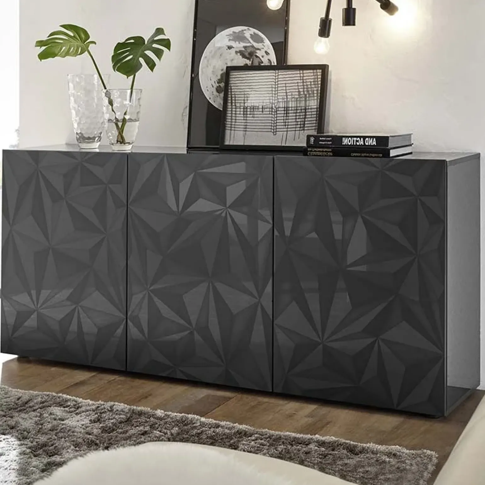 Madia 181x84h cm 3 ante soggiorno grigio lucido con serigrafia Marvis