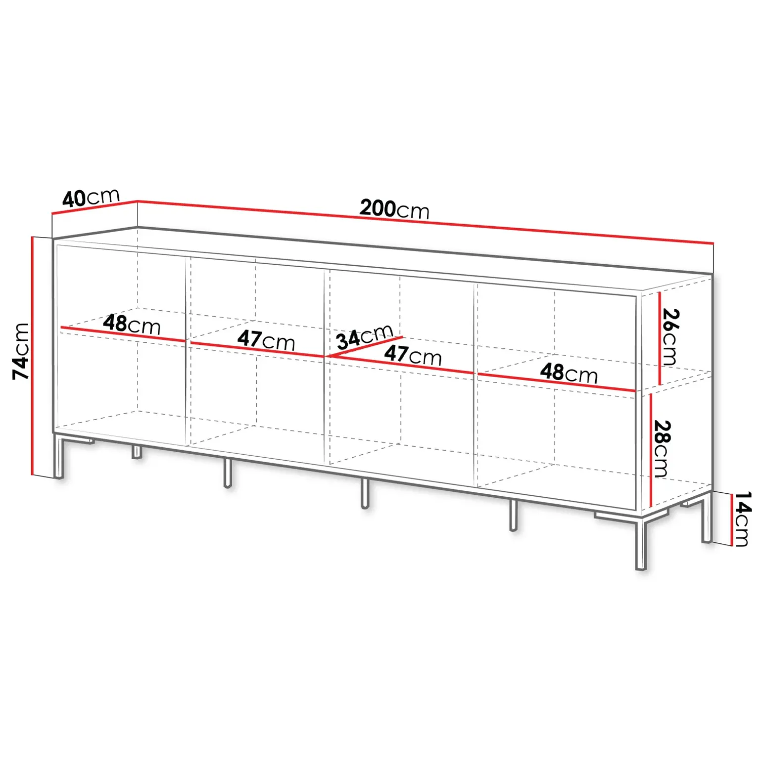Madia 200x74h cm 4 ante soggiorno rovere nero Duble