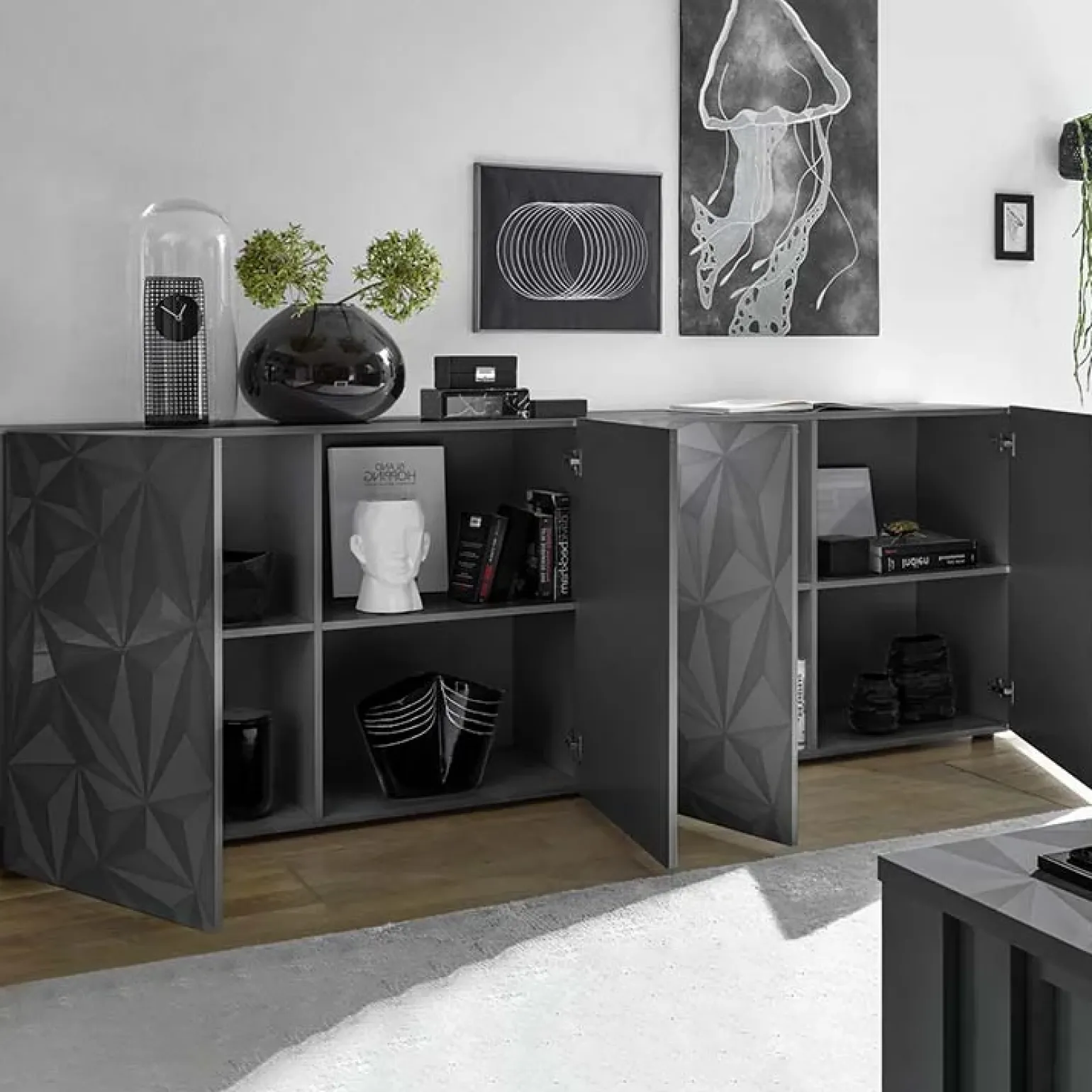 Madia 241x84h cm 4 ante soggiorno grigio con serigrafia Marvis