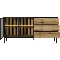 Madia 180x85h cm 2 ante vetrate 3 cassetti con led nero opaco rovere Amel