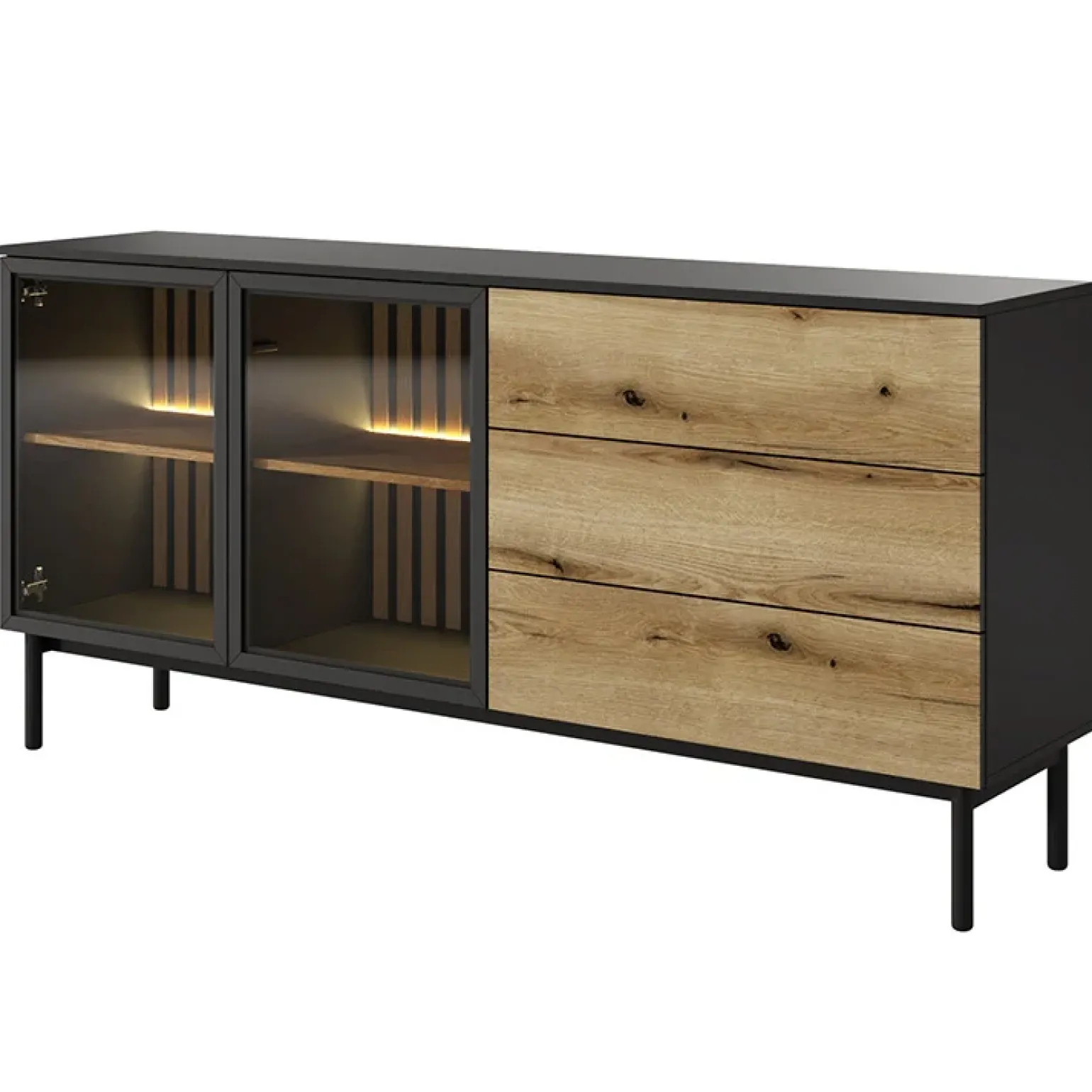 Madia 180x85h cm 2 ante vetrate 3 cassetti con led nero opaco rovere Amel