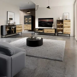 Madia 180x85h cm 2 ante vetrate 3 cassetti con led nero opaco rovere Amel