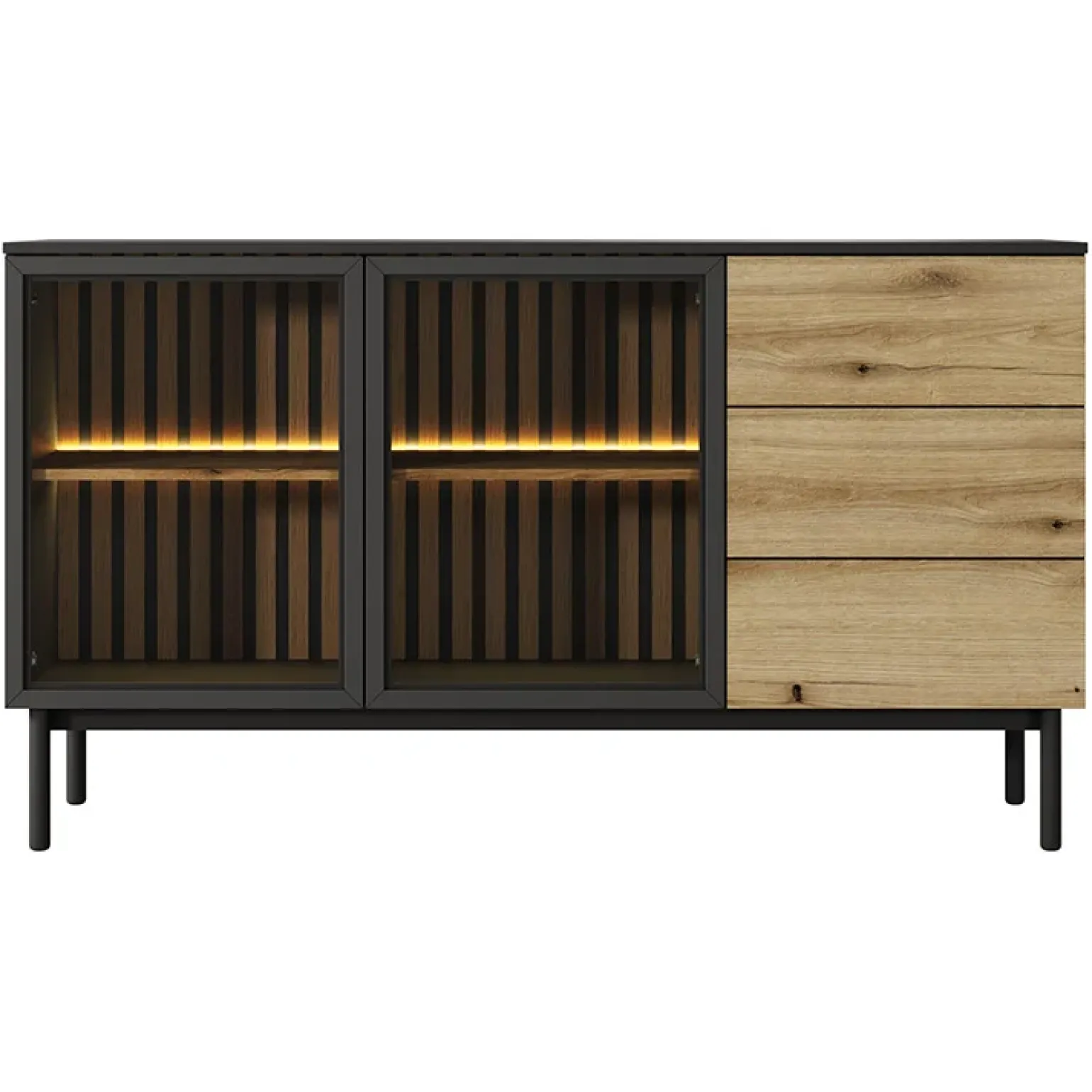 Madia 150x85h cm 2 ante vetrate 3 cassetti con led nero rovere Amel