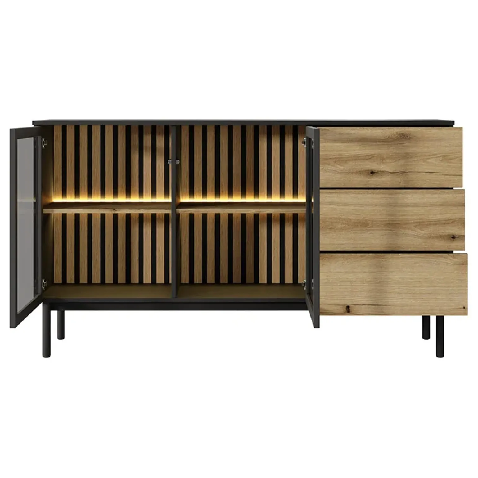 Madia 150x85h cm 2 ante vetrate 3 cassetti con led nero rovere Amel