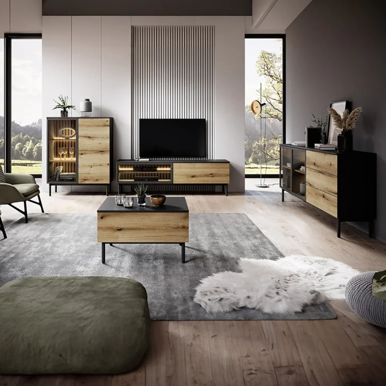 Madia 150x85h cm 2 ante vetrate 3 cassetti con led nero rovere Amel