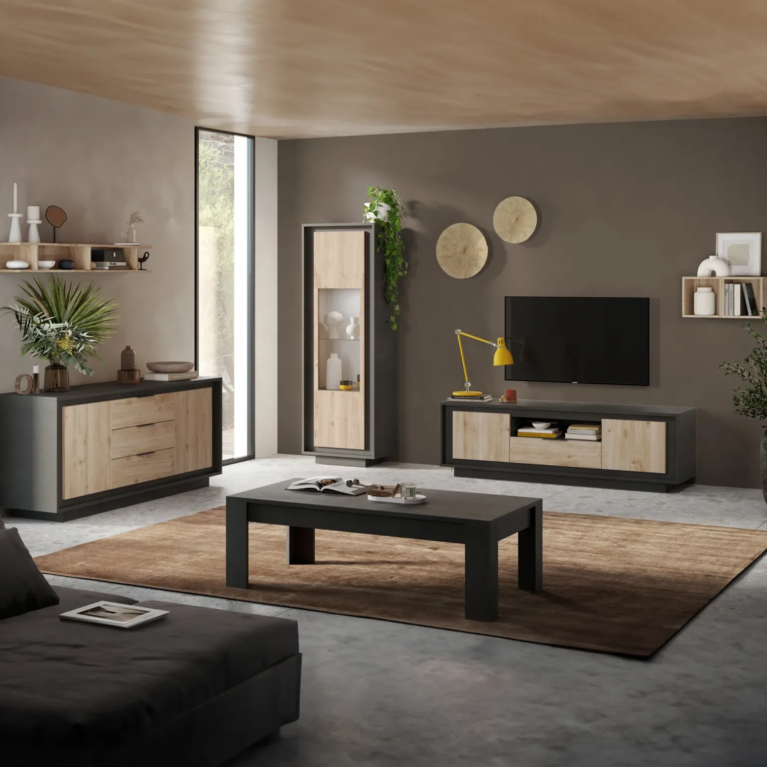 Madia 180x80h cm 3 cassetti 2 ante moderna antracite rovere chiaro Deluxe
